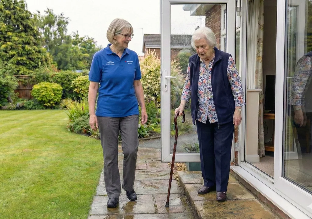 Live in rehab care physiotherpay walking lady outside into garden with stick