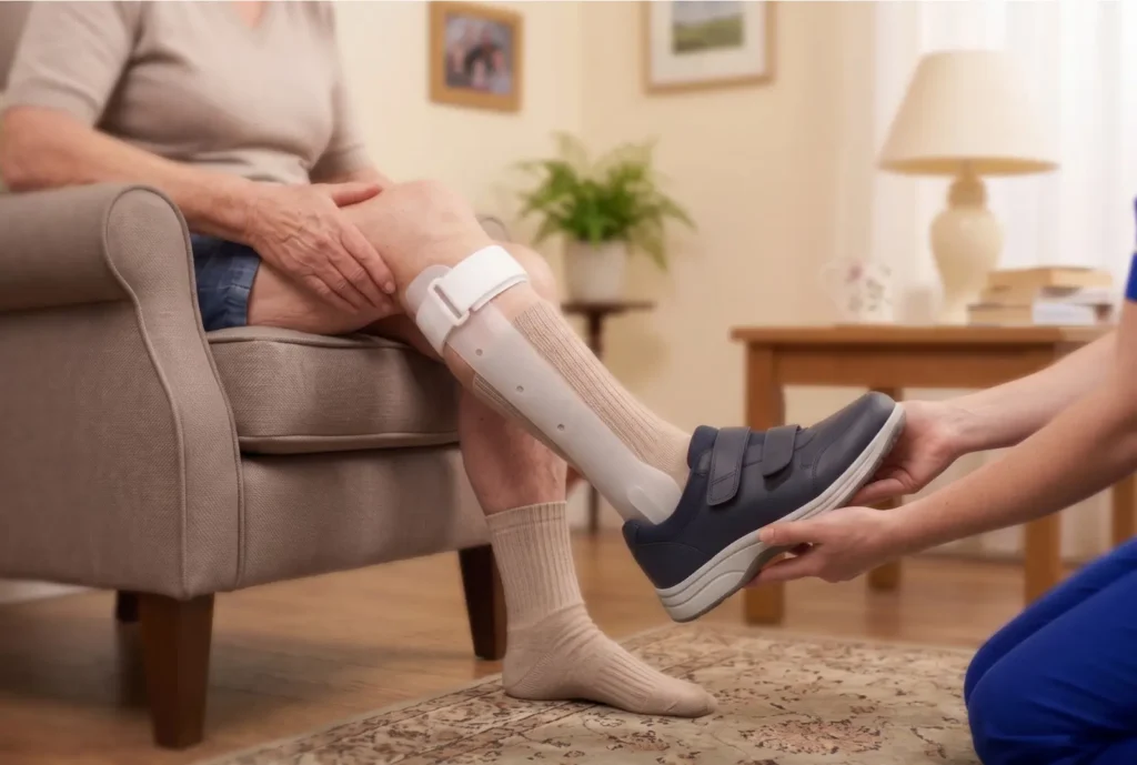 Physiotherapist helping an older woman put her shoe on over an ankle-foot orthosis while she sits in her armchair at home
