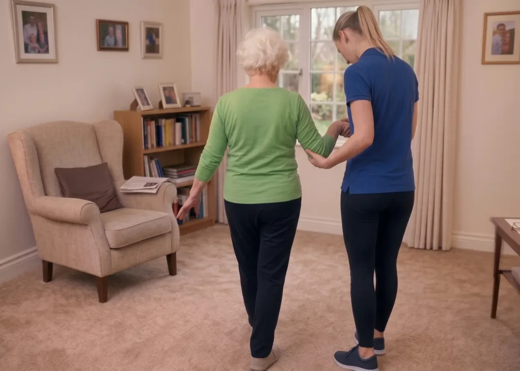 A physiotherapist supporting an older woman as she practises walking at home