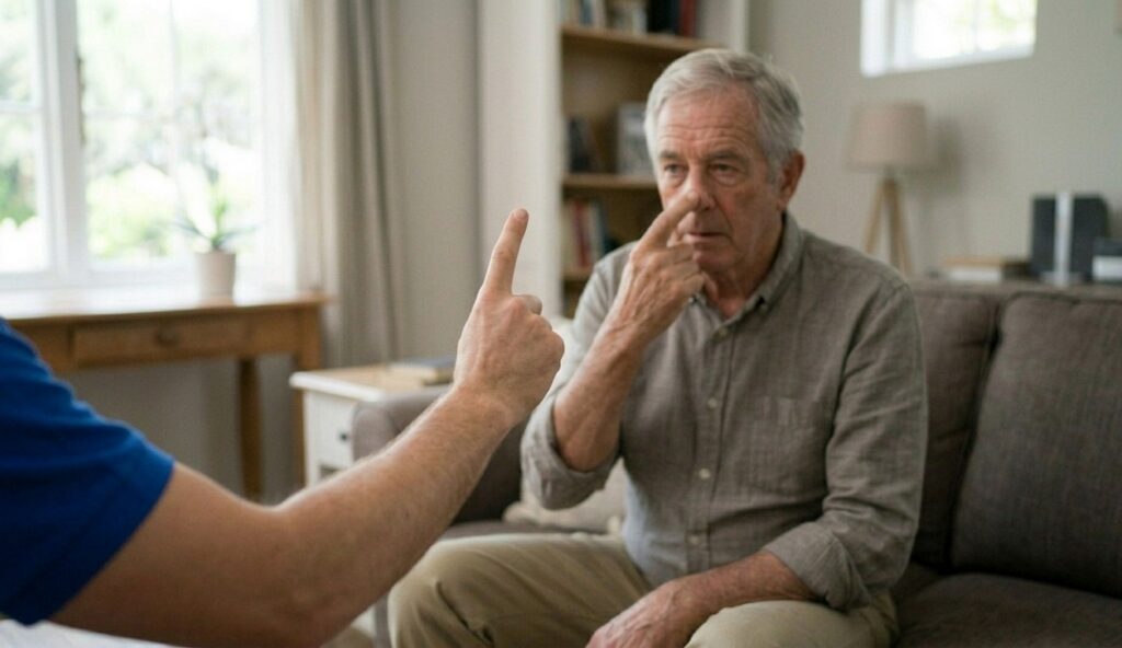 Physiotherapist checking an older man's arm coordination with the finger-to-nose test at home