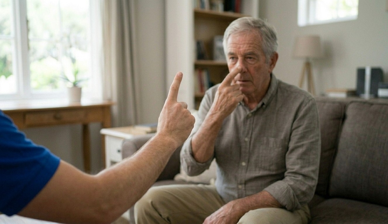 Physiotherapist checking an older man's arm coordination with the finger-to-nose test at home