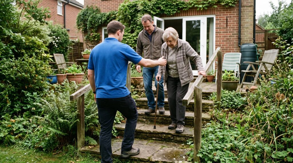Physiotherapist standing below an older woman to guard her as she comes down her garden steps with a stick and handrail, her son behind her