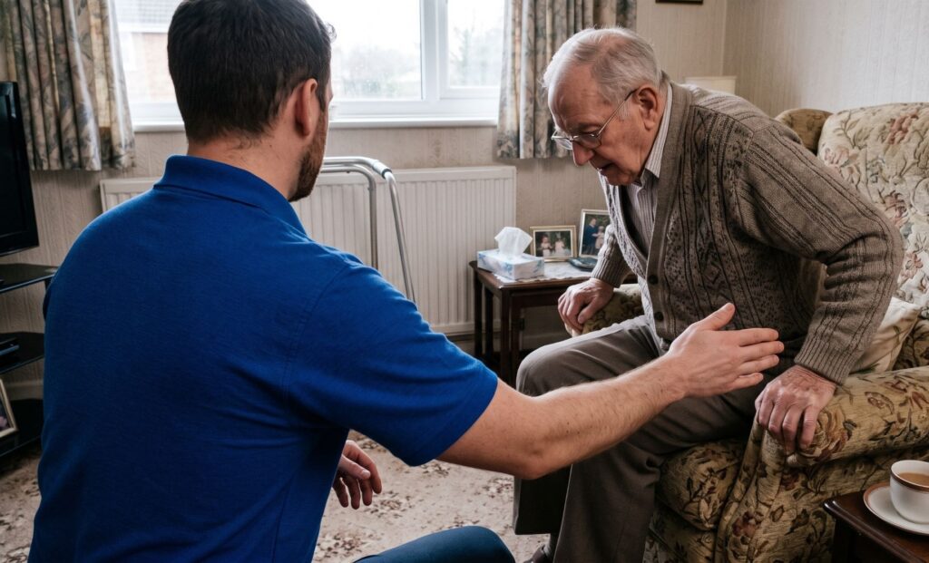 Physiotherapist kneeling beside an older man as he pushes up from his armchair to stand, during a home visit