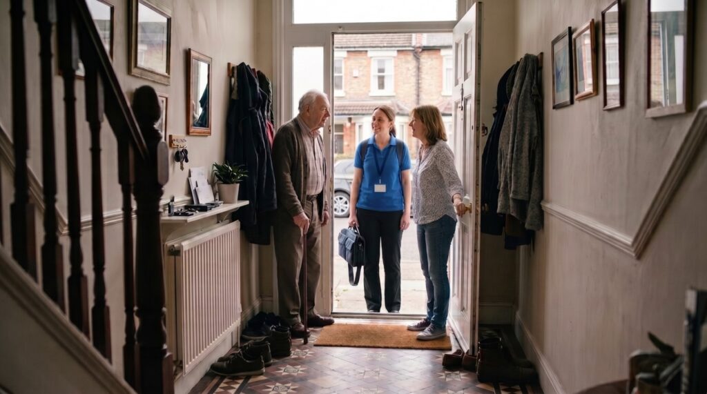 A physiotherapist with her bag arriving at the front door of a terraced house, greeted by an older man with a walking stick and his daughter