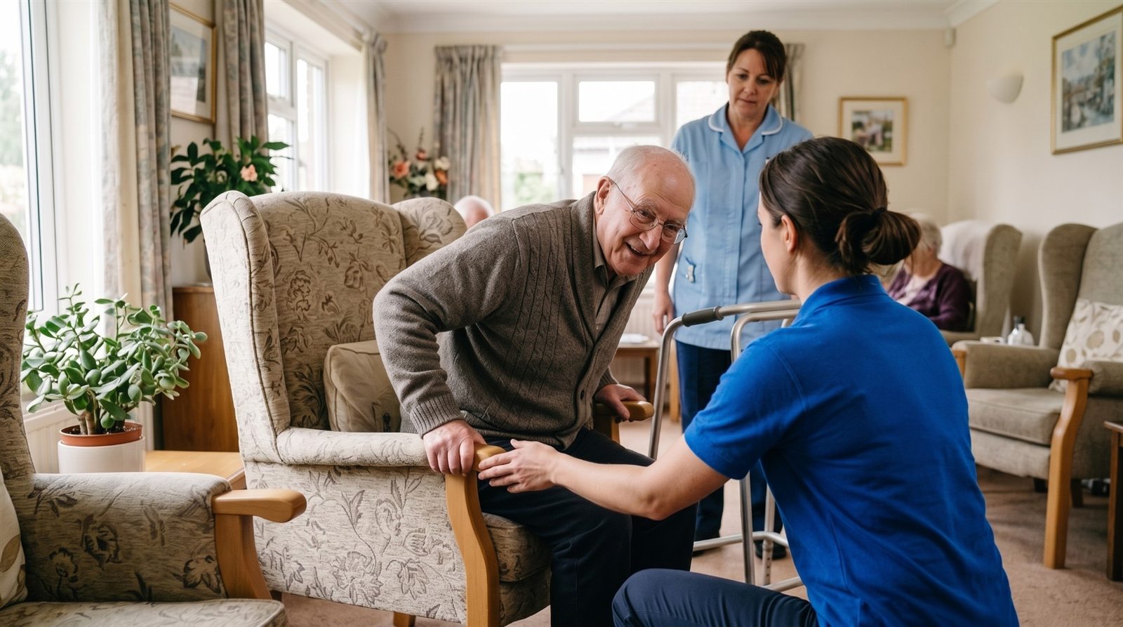 Home Physiotherapy in London 3 A physiotherapist kneeling beside an older man as he stands up from his armchair in a care home lounge, with a care assistant watching