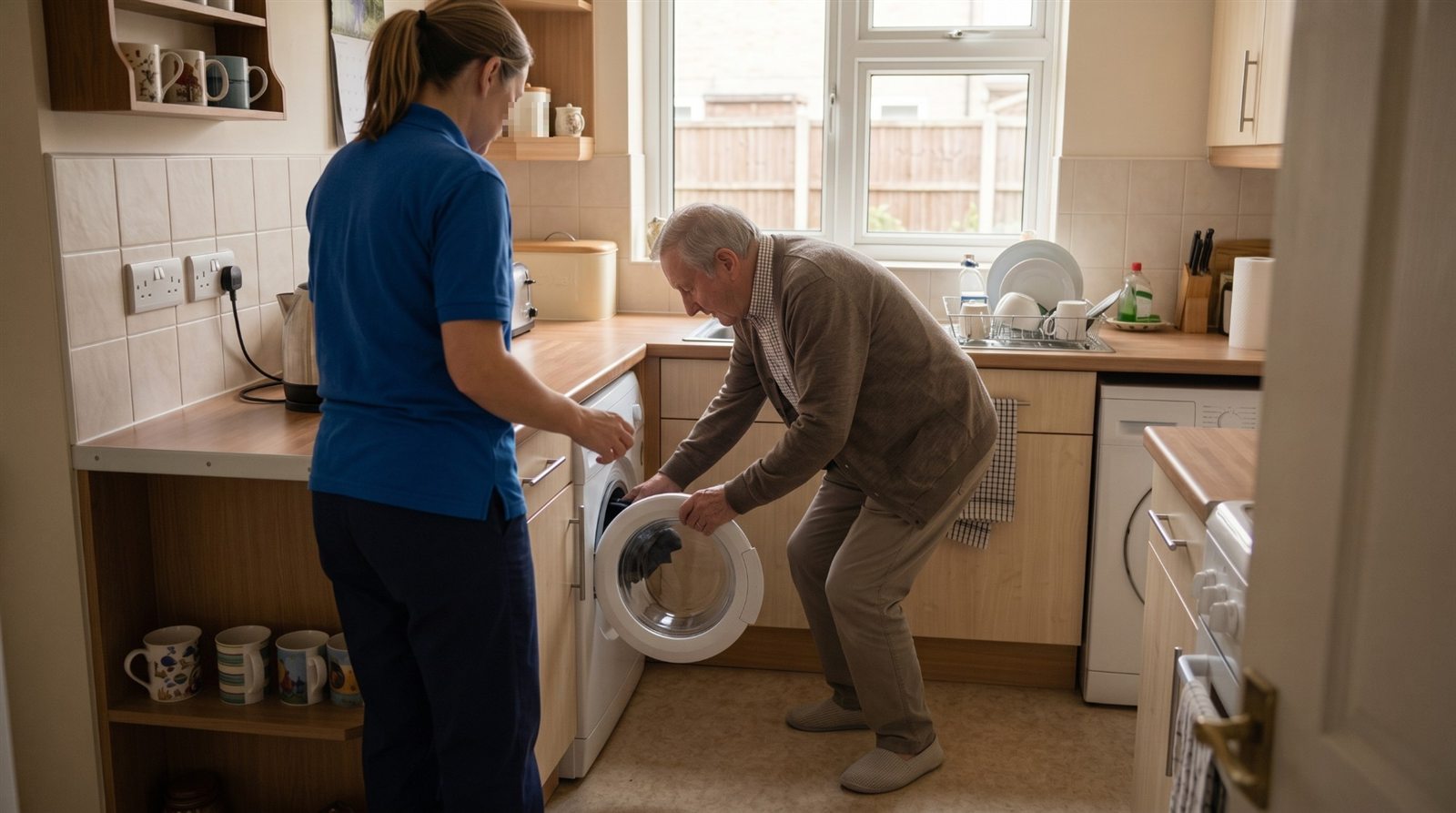 Home Physiotherapy in London 2 A physiotherapist standing back and coaching an older man as he bends to empty his washing machine in his own kitchen